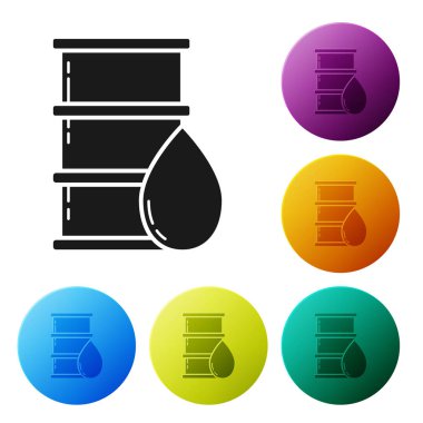 Siyah Fıçı yağ ikonu beyaz arkaplanda izole edilmiş. Renkli daire düğmelerini ayarlayın. Vektör İllüstrasyonu