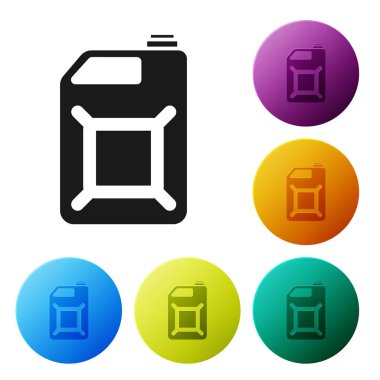 Beyaz arka planda izole benzin simgesi için Siyah Kutu. Dizel gaz simgesi. Simgeleri renkli daire düğmeleri ayarlayın. Vektör İllüstrasyonu