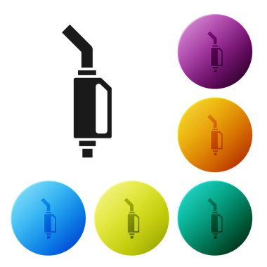 Beyaz arka planda siyah benzin pompası ikonu izole edildi. Yakıt pompası istasyonu. Yakıt ikmal tabelası. Benzin istasyonu ikonu. Renkli daire düğmelerini ayarlayın. Vektör İllüstrasyonu