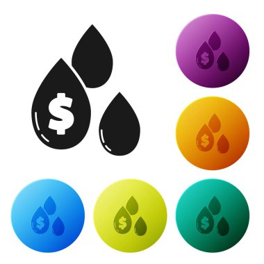 Beyaz zemin üzerinde dolar sembolü olan siyah yağ damlası. Renkli daire düğmelerini ayarlayın. Vektör İllüstrasyonu