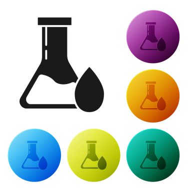 Beyaz arka planda siyah petrol test tüpü ikonu izole edildi. Renkli daire düğmelerini ayarlayın. Vektör İllüstrasyonu