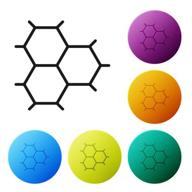 Beyaz zemin üzerinde izole edilmiş benzen halkalarından oluşan siyah kimyasal formül. Renkli daire düğmelerini ayarlayın. Vektör İllüstrasyonu