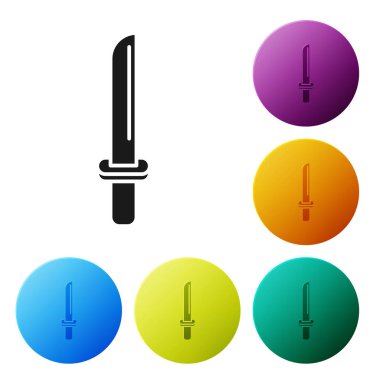 Beyaz arka planda siyah geleneksel Japon katana simgesi izole edildi. Japon kılıcı. Renkli daire düğmelerini ayarlayın. Vektör İllüstrasyonu
