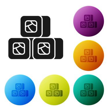 Siyah suşi simgesi beyaz arkaplanda izole edilmiş. Geleneksel Japon yemekleri. Renkli daire düğmelerini ayarlayın. Vektör İllüstrasyonu