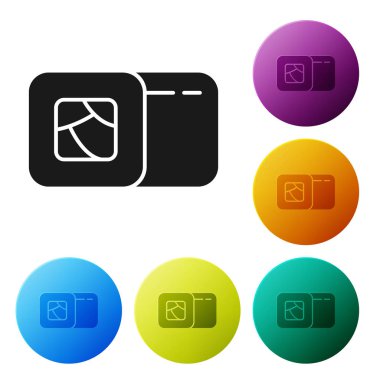 Siyah suşi simgesi beyaz arkaplanda izole edilmiş. Geleneksel Japon yemekleri. Renkli daire düğmelerini ayarlayın. Vektör İllüstrasyonu