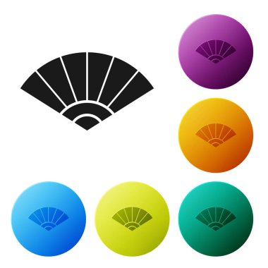 Beyaz arka planda izole edilmiş siyah geleneksel Çin veya Japon katlama hayran ikonu. Renkli daire düğmelerini ayarlayın. Vektör İllüstrasyonu