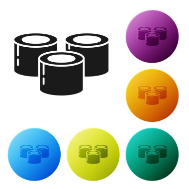 Siyah suşi simgesi beyaz arkaplanda izole edilmiş. Geleneksel Japon yemekleri. Renkli daire düğmelerini ayarlayın. Vektör İllüstrasyonu