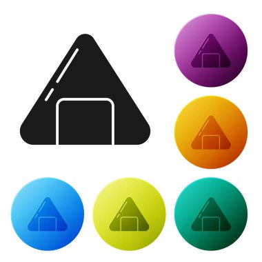 Siyah suşi simgesi beyaz arkaplanda izole edilmiş. Geleneksel Japon yemekleri. Renkli daire düğmelerini ayarlayın. Vektör İllüstrasyonu