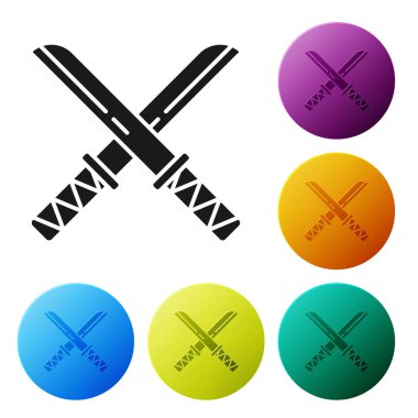 Beyaz arka planda siyah geleneksel Japon katana simgesi izole edildi. Japon kılıcı. Renkli daire düğmelerini ayarlayın. Vektör İllüstrasyonu