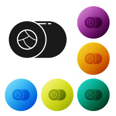 Siyah suşi simgesi beyaz arkaplanda izole edilmiş. Geleneksel Japon yemekleri. Renkli daire düğmelerini ayarlayın. Vektör İllüstrasyonu