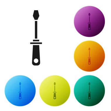 Beyaz arkaplanda siyah tornavida simgesi izole edildi. Servis aracı sembolü. Renkli daire düğmelerini ayarlayın. Vektör İllüstrasyonu