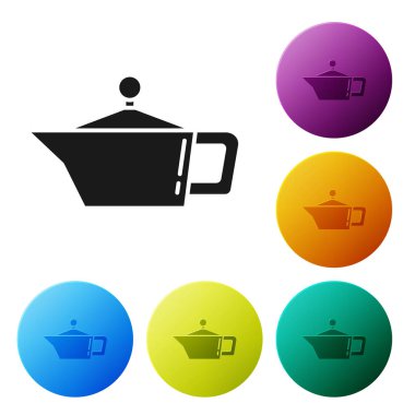 Beyaz arka planda izole edilmiş motor makine yağı ikonu için siyah kutu. Benzin bidonu. Yağ değiştirme ve onarım servisi. Renkli daire düğmelerini ayarlayın. Vektör İllüstrasyonu