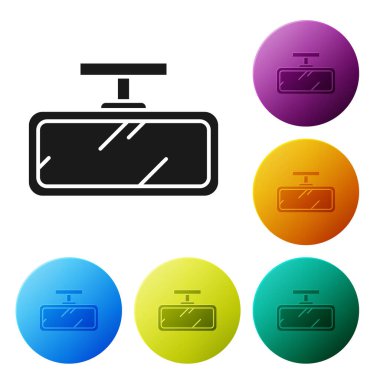 Siyah araba ayna ikonu beyaz arkaplanda izole edilmiş. Renkli daire düğmelerini ayarlayın. Vektör İllüstrasyonu