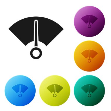 Beyaz arkaplanda siyah hız göstergesi simgesi izole edildi. Renkli daire düğmelerini ayarlayın. Vektör İllüstrasyonu