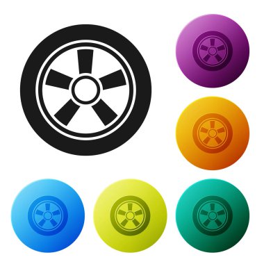 Siyah araba tekeri simgesi beyaz arkaplanda izole edilmiş. Renkli daire düğmelerini ayarlayın. Vektör İllüstrasyonu