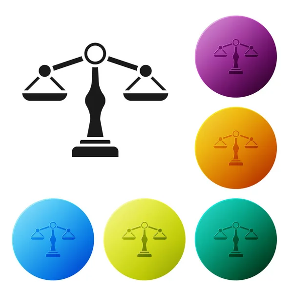 Icône Échelles noires de justice isolée sur fond blanc. Symbole de la Cour de justice. Balance signe d'échelle. Définir des icônes boutons de cercle colorés. Illustration vectorielle — Image vectorielle