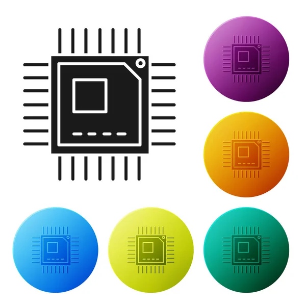 Black Computer processor with microcircuits CPU icon isolated on white background. Chip or cpu with circuit board sign. Micro processor. Set icons colorful circle buttons. Vector Illustration