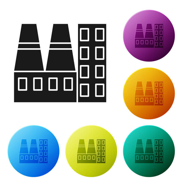 Black Power station plant and factory icon isolated on white background. Energy industrial concept. Set icons colorful circle buttons. Vector Illustration