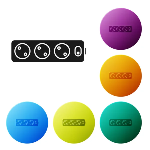 Black Electric extension cord icon isolated on white background. Power plug socket. Set icons colorful circle buttons. Vector Illustration — Stock Vector