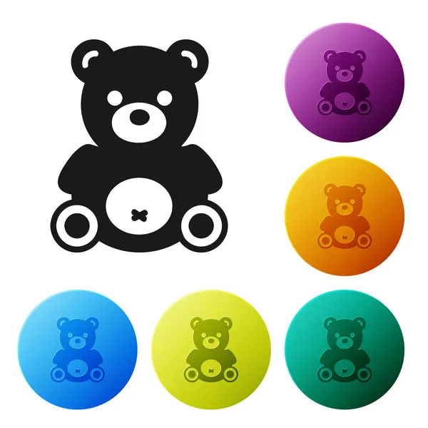 Siyah Teddy oyuncak ikonu beyaz arka planda izole edilmiş. Renkli daire düğmelerini ayarlayın. Vektör İllüstrasyonu — Stok Vektör