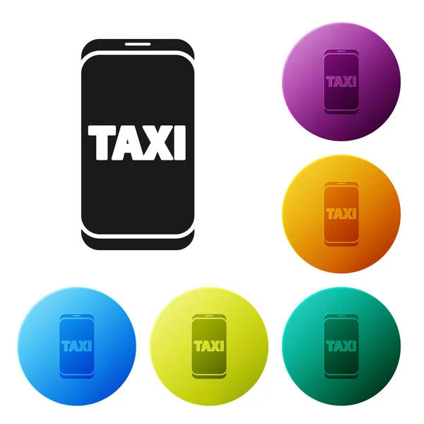 ブラックタクシー白い背景に隔離された電話サービスのアイコンを呼び出します。スマートフォン用タクシー。カラフルな丸ボタンを設定します。ベクターイラスト — ストックベクタ