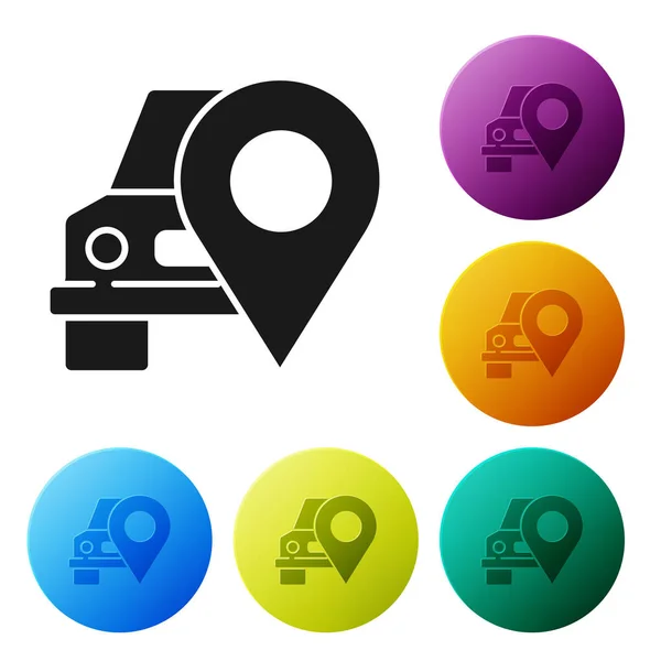 Ponteiro de mapa preto com ícone de táxi isolado no fundo branco. Símbolo de localização. Definir ícones coloridos botões círculo. Ilustração vetorial — Vetor de Stock