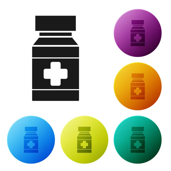 Μαύρο σκυλί μπουκάλι φάρμακο και χάπια εικονίδιο απομονώνονται σε λευκό φόντο. Δοχείο με χάπια. Συνταγογραφούμενα φάρμακα για ζώα. Ορισμός εικονίδια πολύχρωμα κουμπιά κύκλο. Εικονογράφηση διανύσματος — Διανυσματικό Αρχείο