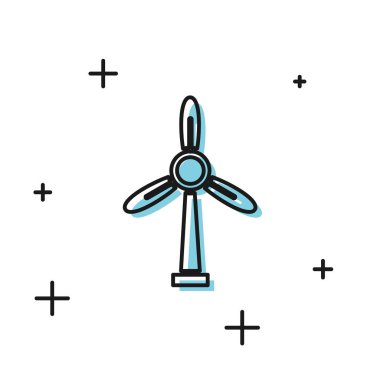 Siyah Rüzgar türbini simgesi beyaz arkaplanda izole edildi. Rüzgar jeneratörü işareti. Elektrik üretimi için yel değirmeni. Vektör İllüstrasyonu