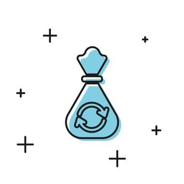 Geri dönüşüm sembolü simgesi olan siyah çöp torbası beyaz arkaplanda izole edilmiş. Çöp kutusu simgesi. Geri dönüşüm sepeti işareti. Vektör İllüstrasyonu