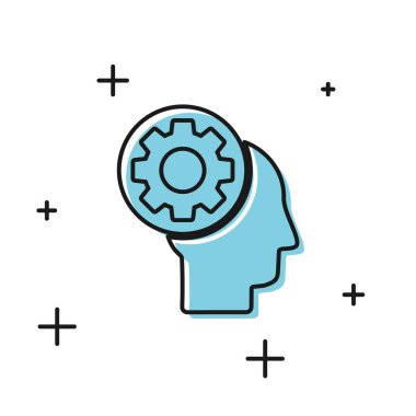 Beyaz arka plan üzerinde izole simgesi içinde dişli ile Siyah İnsan kafası. Yapay zeka. Beyin işaretini düşünmek. Beynin sembol çalışması. Vektör İllüstrasyonu