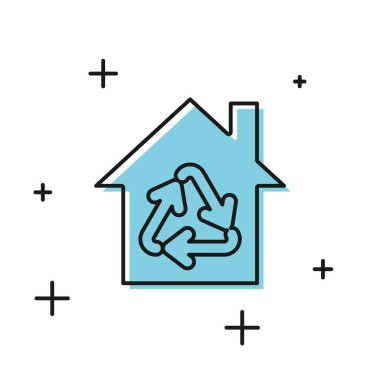 Siyah Eco House beyaz arka plan üzerinde izole geri dönüşüm sembolü simgesi ile. Geri dönüşüm okları ile Ekoloji ev. Vektör İllüstrasyonu