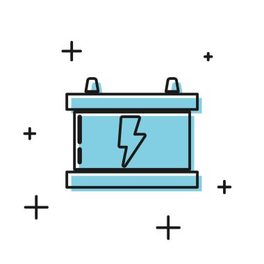 Siyah araba akü ikonu beyaz arka planda izole edildi. Akümülatör bataryası enerji ve elektrik akümülatörü bataryası. Şimşek çaktı. Vektör İllüstrasyonu