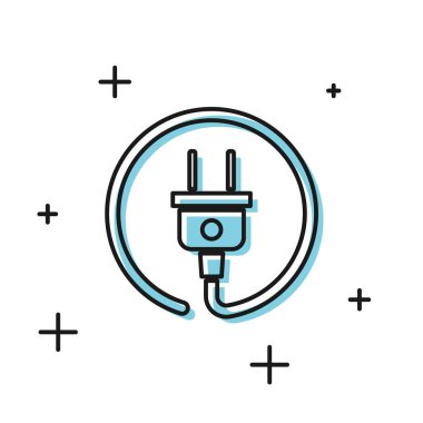 Siyah Elektrik fiş simgesi beyaz arka planda yalıtılmış. Elektrik bağlantısı ve kopukluğu kavramı. Vektör İllüstrasyonu