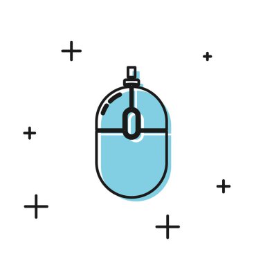 Beyaz arka planda yalıtılmış siyah bilgisayar fare simgesi. Tekerlek sembolü ile optik. Vektör İllüstrasyonu