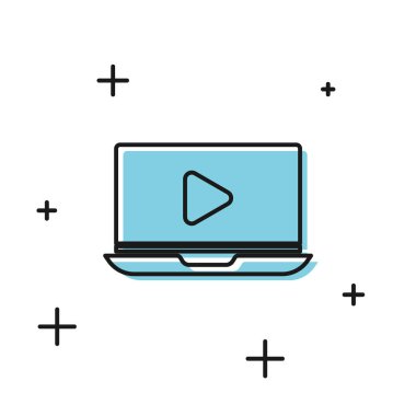 Siyah Online video oynatma simgesi beyaz arkaplanda izole edildi. Dizüstü bilgisayar ve oyun işaretli film şeridi. Vektör İllüstrasyonu