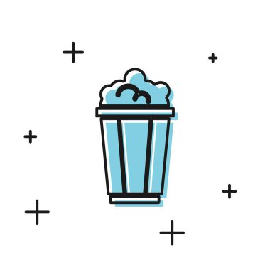 Beyaz arka plan üzerinde izole karton kutu simgesi siyah Patlamış mısır. Patlamış mısır kova kutusu. Vektör İllüstrasyonu