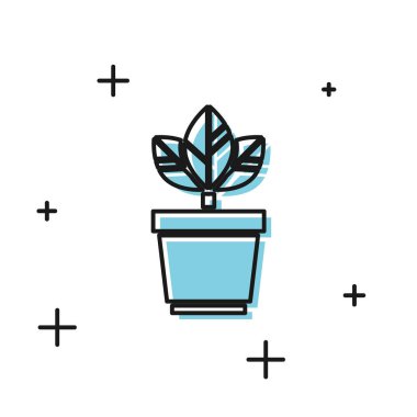 Beyaz arka planda izole edilmiş saksı simgesindeki Siyah Çiçekler. Bir tencerede yetişen bitki. Saksı bitki işareti. Vektör İllüstrasyonu