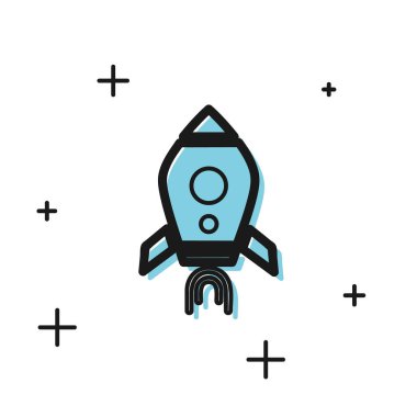 Beyaz arka planda izole ateş simgesi ile Siyah Roket gemi. Uzay yolculuğu. Vektör İllüstrasyonu