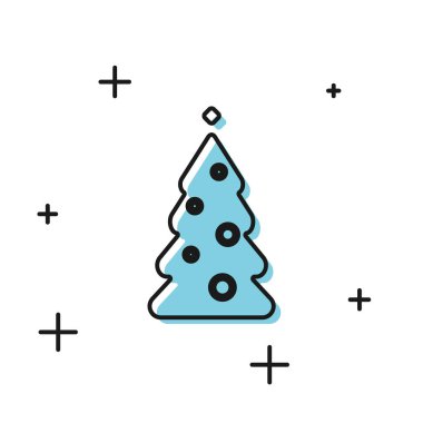 Dekorasyon simgesi beyaz arka planda izole edilmiş siyah Noel ağacı. Mutlu Noeller ve mutlu yıllar. Vektör İllüstrasyonu