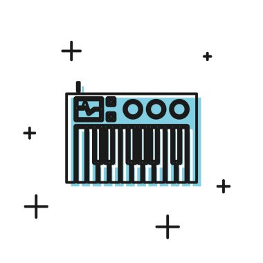 Siyah Müzik Sentezleyici simgesi beyaz arkaplanda izole edildi. Elektronik piyano. Vektör İllüstrasyonu