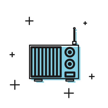 Beyaz arka planda izole edilmiş anten simgesine sahip siyah radyo. Vektör İllüstrasyonu