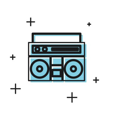 Beyaz arka planda izole edilmiş iki hoparlör simgesine sahip Black Home stereo. Müzik sistemi. Vektör İllüstrasyonu