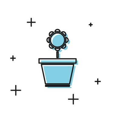 Beyaz arka plan üzerinde izole pot simgesi siyah çiçek. Bir tencerede yetişen bitki. Saksı bitki işareti. Vektör İllüstrasyonu