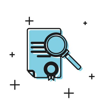 Beyaz arkaplanda arama simgesine sahip Siyah Belge. Dosya ve büyüteç simgesi. Analitik araştırma işareti. Vektör İllüstrasyonu