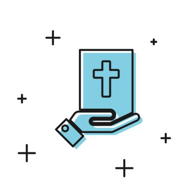 Beyaz arka planda izole edilmiş kutsal İncil ikonu üzerine siyah yemin. Mahkemedeki prosedür. Gerçek ve gerçek. Tanrı huzurunda söz ver. Vektör İllüstrasyonu