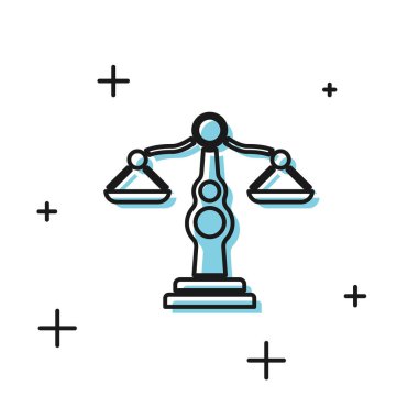 Beyaz arka planda izole adalet simgesisiyah Ölçekler. Mahkeme sembolü. Denge ölçeği işareti. Vektör İllüstrasyonu