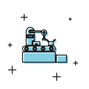 Siyah Fabrika taşıma sistemi şeridi beyaz zemin üzerinde karton kutular mühendislik makine simgesi izole. Robot endüstrisi konsepti. Vektör İllüstrasyonu