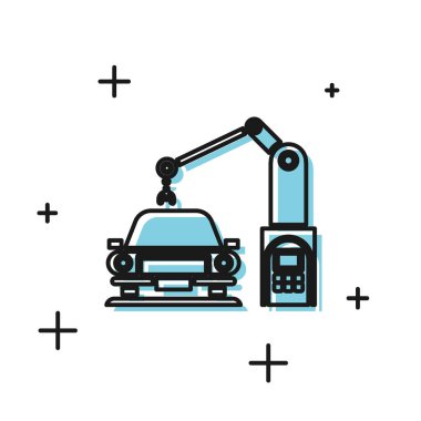 Siyah Endüstriyel Robotik Robot Kol Kolu beyaz arka planda izole edilmiş araba fabrikası ikonu. Endüstriyel otomobil üretimi. Vektör İllüstrasyonu