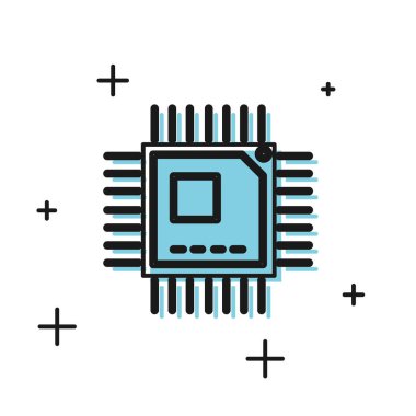 Beyaz arka planda izole mikrodevreler Cpu simgesi ile Siyah Bilgisayar işlemci. Devre kartı işareti ile chip veya cpu. Mikro işlemci. Vektör İllüstrasyonu
