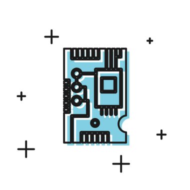 Siyah Elektronik bilgisayar bileşenleri anakart dijital çip entegre bilim ikonu beyaz zemin üzerinde izole. Devre kartı. Vektör İllüstrasyonu